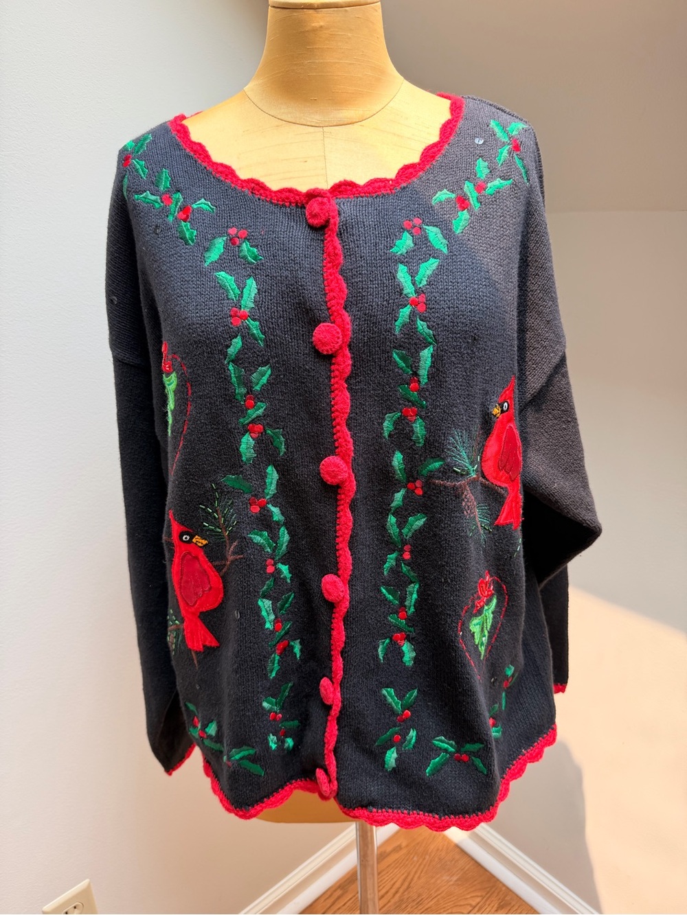 Basic Editions Holiday Women’s  Embroidered Christmas Cardinal Cardigan